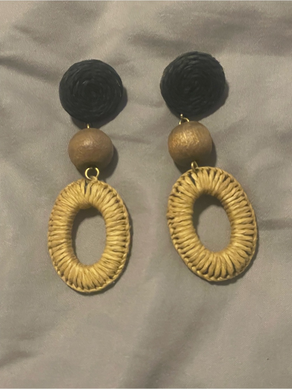 Handcrafted Black and Natural Raffia Drop Earrings - Women Jewelry